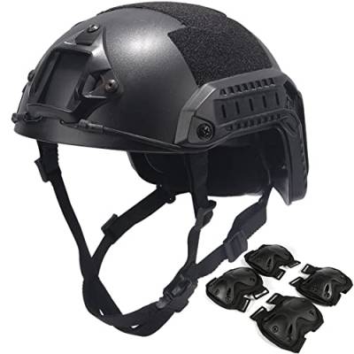 AQzxdc Fast Helm für Kinder & Erwachsene, mit Schutzbrille, Taschenlampe, Blinkende Lichter, NVG-Imitationen, Knie- und Ellbogenschützer, für, Outdoor-Spiele, Airsoft Paintball,Bk a,Kid von AQzxdc