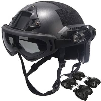 AQzxdc Fast Helm für Kinder & Erwachsene, mit Schutzbrille, Taschenlampe, Blinkende Lichter, NVG-Imitationen, Knie- und Ellbogenschützer, für, Outdoor-Spiele, Airsoft Paintball,Bk c,Kid von AQzxdc