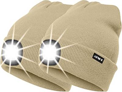 ATNKE 2Pcs Neue Warme LED beleuchtete Mütze,Unisex USB wiederaufladbare Laufmütze Ultra Bright 4 LED wasserdichte Lichtlampe Mehrfarbig (Beige, Einheitsgröße) von ATNKE