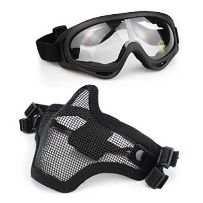 Aoutacc Airsoft Halbgesichtsmasken aus Stahlgeflecht, Maske und Schutzbrille, Set für CS/Jagd/Paintball/Schießen (schwarz) von Aoutacc