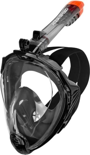 Aqua Speed Drift Erwachsene 180° Panorama Full Face Schnorchelmaske + Mikrofaser Handtuch | Tauchmaske mit Schnorchel | Klappbar | Halterung für Action Kamera, GRÖßEN:S - M, Farben:Schwarz von Aqua Speed