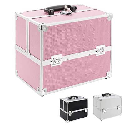 Arebos Kosmetikkoffer | 15L | 5 Fächer | Pink | Aluminium | inkl. Schloss & Schlüssel | 2 ausklappbare Etagen | Samteinlage | 32 x 27 x 22 cm | Pink von Arebos