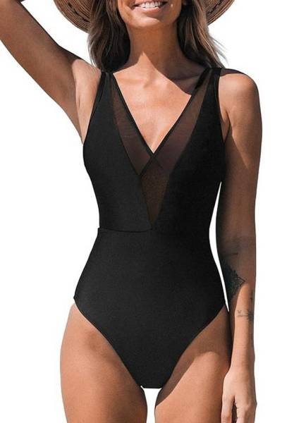 B.X Badeanzug Damen Wickeloptik tiefer Schwimmanzug Monokini durchsichtige Badekleid figurformend V-Ausschnitt einteiliger Badebekleidungs Netzstoff von B.X