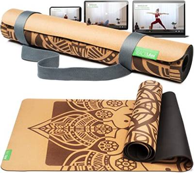 BACKLAxx® Yogamatte Kork mit Naturkautschuk - Yoga Matte nachhaltig, schadstofffrei, Yogamatte rutschfest, Fitnessmatte mit Anti-Rutsch-Zonen inkl. Tragegurt, Turnmatte für Yoga und Matte Sport von BACKLAxx