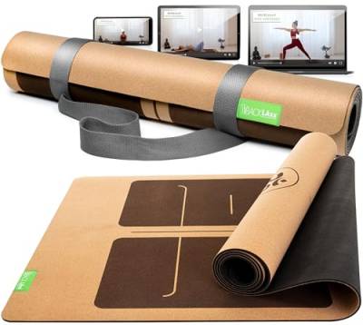 BACKLAxx® Yogamatte Kork mit Naturkautschuk - Yoga Matte nachhaltig, schadstofffrei, Yogamatte rutschfest, Fitnessmatte mit Anti-Rutsch-Zonen inkl. Tragegurt, Turnmatte für Yoga und Matte Sport von BACKLAxx