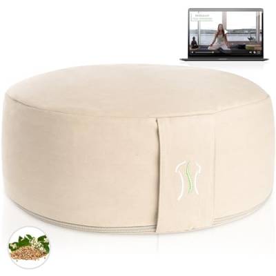 BACKLAxx® Yoga Kissen, Meditationskissen XL 35cm [30% mehr Sitzfläche], 15cm hoch mit Buchweizenfüllung, perfektes Meditation Zubehör, Yogakissen rund inkl. Videokurs - Pouf Sitzkissen Boden von BACKLAxx