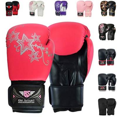 Echte Gel-Boxhandschuhe für Damen, rosa, fürs Fitnessstudio, Boxsack, Kickpolster, gemischte Kampfkünste und Thaiboxen, Black with Pink Silver Stars, 6 Oz von BE SMART