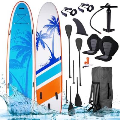 BRAST SUP Board Family | Aufblasbares Stand up Paddle Set XXL | 370x87x15cm bis 210kg viele Modelle | inkl. Zubehör 2X Kajak-Sitz 2X Fußschlaufe 2X Paddel Pumpe Rucksack | Hawaii von BRAST