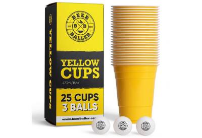 BeerBaller Becher BeerBaller® Yelllow Cups - 25 gelbe Beer Pong Becher & 3 Bälle als Set, 16oz/473ml von BeerBaller