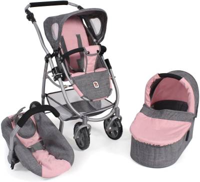 CHIC2000 Kombi-Puppenwagen Emotion All In 3in1, Grau-Rosa, inkl. Babywanne, Babyschale und Sportwagenaufsatz von CHIC2000