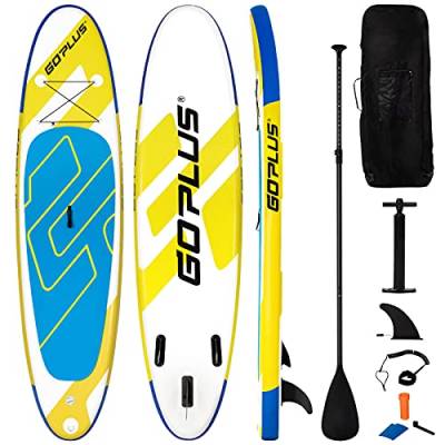 COSTWAY Stand Up Paddling Board, SUP Board aufblasbar, Paddelboard mit Sicherheitsleine, Paddel, Pumpe, Center Finne, Rucksack und Reparaturset (Blau + Gelb, 335 x 76 x 15cm) von COSTWAY