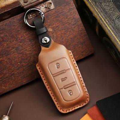3 Button Leather Car Key Cover Case Remote Fob Protector with Key Chains(Brown) Für VW CC,Für Passat B6 B7 von CWYINP