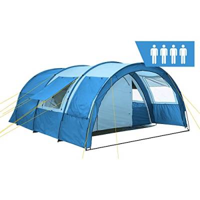 CampFeuer Zelt Multi für 4 Personen | Blau/Hellbau | Tunnelzelt mit riesigem Vorraum, 5000 mm Wassersäule | Campingzelt mit Bodenplane und versetzbarer Vorderwand | Gruppenzelt, Familienzelt von CampFeuer