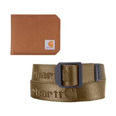 Carhartt Herren Standard Bifold and Passcase, Durable Billfold, Available in Leather and Canvas Styles, Wallet & Belt Gift Set Brown Wallet, Yukon Size Medium Belt, One von Carhartt