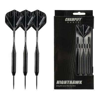 Champify *NEU 23g Messing Darts Set “Nighthawk” mit Stahlspitze | 3 Dartpfeile mit 6 Schäften & Flights | inkl. weiteres Zubehör | Dartpfeile mit Stahlspitzen ideal für Dart Anfänger von Champify
