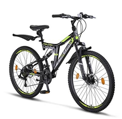 Chillaxx Bike Falcon Premium Mountainbike in 24 und 26 Zoll - Fahrrad für Jungen, Mädchen, Damen und Herren - Scheibenbremse- 21 Gang-Schaltung - Vollfederung (26 Zoll, Schwarz-Lime Disc-Bremse) von Chillaxx