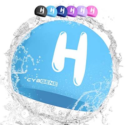 CybGene Silikon Initiale Namen Badekappe für Kinder, Kind Buchstabe Schwimmkappe Bademütze für Kinder Schwimmunterricht-Großer Kopfumfang-Blau-H von CybGene