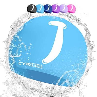 CybGene Silikon Initiale Namen Badekappe für Kinder, Kind Buchstabe Schwimmkappe Bademütze für Kinder Schwimmunterricht-Großer Kopfumfang-Blau-J von CybGene
