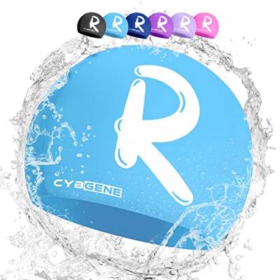 CybGene Silikon Initiale Namen Badekappe für Kinder, Kind Buchstabe Schwimmkappe Bademütze für Kinder Schwimmunterricht-Großer Kopfumfang-Blau-R von CybGene