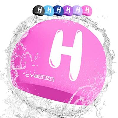 CybGene Silikon Initiale Namen Badekappe für Kinder, Kind Buchstabe Schwimmkappe Bademütze für Kinder Schwimmunterricht-Großer Kopfumfang-Rosa-H von CybGene