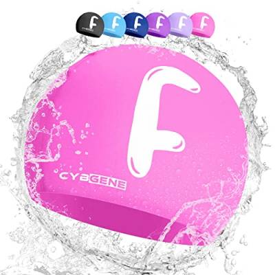CybGene Silikon Initiale Namen Badekappe für Kinder, Kind Buchstabe Schwimmkappe Bademütze für Kinder Schwimmunterricht-Kleiner Kopfumfang-Rosa-F von CybGene