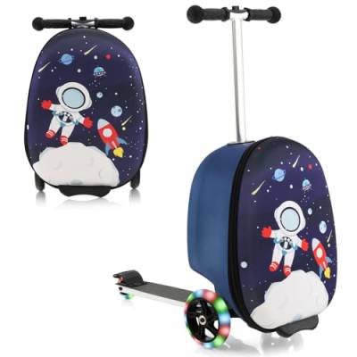DREAMADE 2 in 1 Kinderkoffer & Scooter Kinder ab 5 Jahre, Kindertrolley mit Blinkenden LED-Rädern, Kindergepäck 19 Zoll für Reisen (Astronaut) von DREAMADE