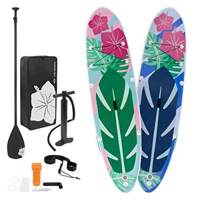 ECD Germany Aufblasbares Stand Up Paddle Board Flowers Blau-Weiß 320x80x15 cm, aus PVC, bis 120 kg, Komplettset Pumpe Tragetasche, SUP Board Paddling Board Paddelboard Surfboard, Verschiedene Modelle von ECD Germany