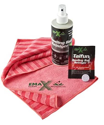 EMAX CLEAN Taifun | Bowling Ball Reiniger | Allzweck-Reiniger für alle Bowlingbälle | Effektive Reinigung von Bowling-Kugeln | Ball-Cleaner in Tab-Form | Made in Germany | Tab & Flasche & Tuch von EMAX CLEAN