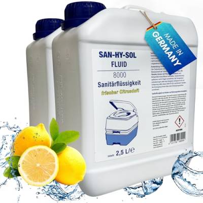 EXPLORER® San-Hy-Sol Sanitärflüssigkeit für Campingtoilette 5L (2x2,5L) made in Germany wie Aquakem Blue mit frischem Zitronenduft Temperaturbeständig & Wirkungsvoll von EXPLORER