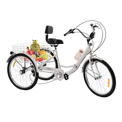 EurHomePlus 24 Zoll Dreirad für Erwachsene 7-Gang 3-Räder Fahrrad mit Einkaufskorb und LED Licht für ältere Menschen zur Erholung usw (Weiß) von EurHomePlus