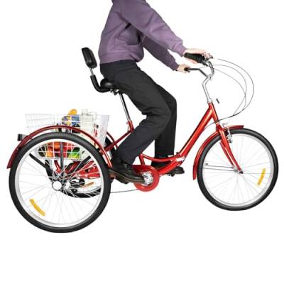 FUNYSF 24-Zoll-Dreirad für Erwachsene Outdoor-Dreirad für Erwachsene 7-Gang faltbar Premium-Dreirad mit Einkaufskorb und Rückenlehne (Rot) von FUNYSF
