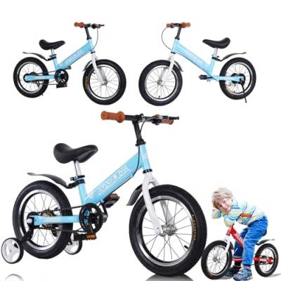 GHBXJX 3 in 1 Laufrad Kinder Fahrrad mit Stützrädern ab 3 Jahre 4 5 6 7 Jahre, Laufrad 14 Zoll Mädchen Junge, Kinder Fahrrad mit Stützräder und Seitenständer, Höhenverstellbar Luftreifen,Blau von GHBXJX
