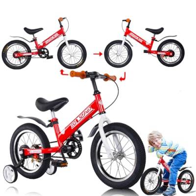 GHBXJX 3 in 1 Laufrad Kinder Fahrrad mit Stützrädern ab 3 Jahre 4 5 6 7 Jahre, Laufrad 14 Zoll Mädchen Junge, Kinder Fahrrad mit Stützräder und Seitenständer, Höhenverstellbar Luftreifen,Rot von GHBXJX