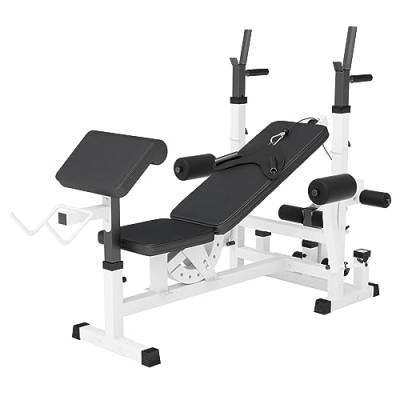 GORILLA SPORTS® Multifunktion Hantelbank - Verstellbar, mit Langhantel-Ablage, Curlpult und Butterfly, Dip-Station, Beincurler, Bankdrücken, Schwarz/Weiß - Trainingsbank, Kraftstation, Fitness Bank von GORILLA SPORTS