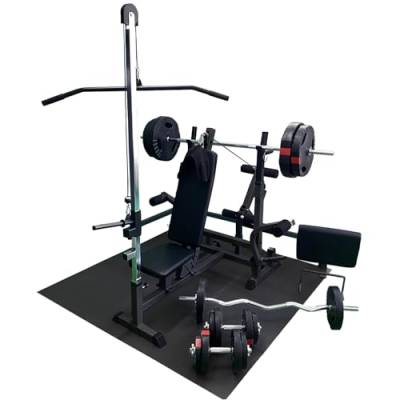 GORILLA SPORTS® Kraftstation - Hantelbank mit verstellbare Hantelablage, Latzugturm, Butterfly, Curlpult, Beincurler und 100 kg Hantelset - Trainingsbank, Fitnessstation, Trainingsstation (Schwarz) von GORILLA SPORTS