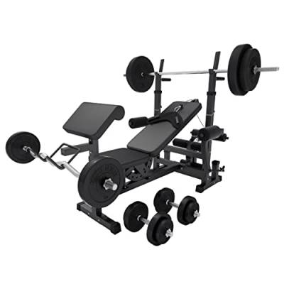 GORILLA SPORTS®Hantelbank mit Gewichten - 170 cm Hantelstange, 40/70/100 kg Hantelset, Beincurler, Butterfly, Dip-station, Curlpult - Trainingsbank, Fitnessstation, Kraftstation mit Langhantel von GORILLA SPORTS