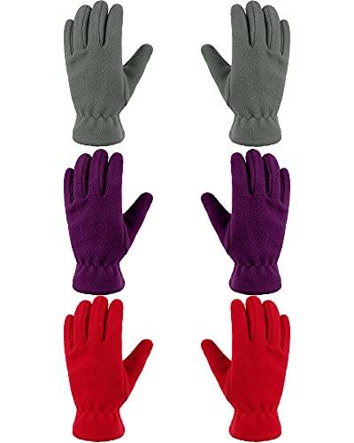 Geyoga 3 Paar Kinder Vlies Handschuhe Vollfinger Fäustlinge für Jungen Mädchen (Lila, Grau, Rot, M (8-12 Jahre)) von Geyoga