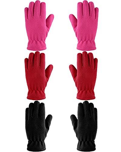 Geyoga 3 Paar Kinder Vlies Handschuhe Vollfinger Fäustlinge für Jungen Mädchen (Rosenrot, Schwarz, Rot, XS (2-4 Jahre)) von Geyoga