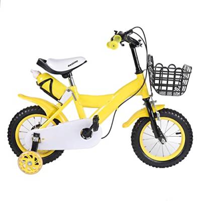 HarBin-Star 12 Zoll Kinder Fahrrad, Kinderfahrrad mit Handbremse, Stützräder und Frontkorb, für Mädchen und Jungen ab 3 Jahre (Gelb) von HarBin-Star