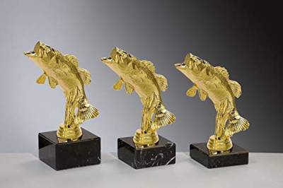 Henecka 🎣 Angler-Pokal, Angeln-Figur Fisch-Trophäe, Barsch Gold, Marmorsockel schwarz, mit Wunschgravur, wählbar in 3 Größen oder als 3er-Serie (Sockel 70 x 40 mm) von Henecka