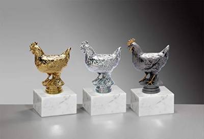 Henecka Kleintierzucht-Pokal, Henne-Trophäe, Huhn auf Marmorsockel, mit Wunschgravur, wählbar in 3 Farben (Gold) von Henecka