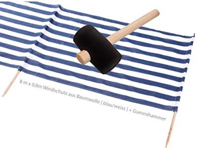 Idena Beach Wind Screen/Windschutz 8 Meter x 80 cm [ blau/weiss ] Holz/Baumwolle + Gummihammer Strandurlaubs-Set von Idena