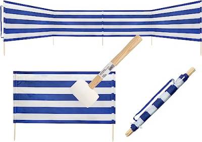 Idena - Windschutz in Blau-Weiß inkl. Gummihammer (weiß), mit Holzstäben, Tragegurt und Fixierungsbändern, 80 x 600 cm, Sichtschutz für Strand, Camping und Garten (800 x 80 cm | inkl. Gummihammer) von Idena