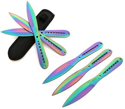 KOSxBO® 3 teiliges Set Effektlack Rainbow Tomahawk Wurfmesser Set - Wurfdolch 22,5 cm - Dagger - Outdoor - Hunter - Survival - Messer - inklusive Cordura Etui - Hunter Knife - Throwing Knives von KOSxBO