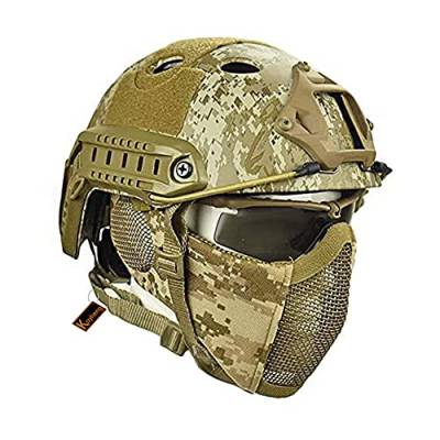 MH Taktik Fast Helm kombiniert, Mit Faltbarer Gehörschutz Halbgesichts Netz Maske und Goggles für Airsoft Paintball CS Game von Koyheng