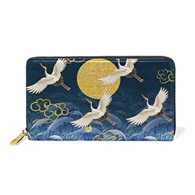 Kranich Japanische Wolke Mond Blau Leder Brieftasche Reißverschluss Geldbörse Telefon Kreditkartenetui Portemonnaie Wallet für Frauen Mädchen Männer von LDIYEU