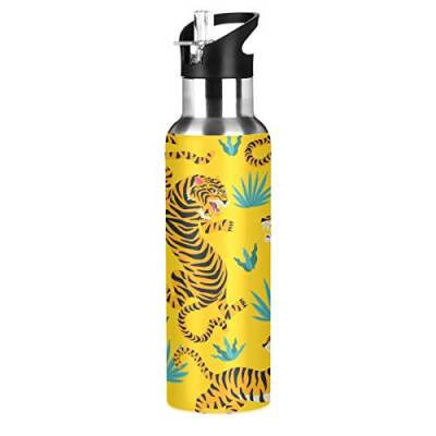 LDIYEU Gelbe Tiger Kunst Wasserflasche Edelstahl Wasser Flasche Isolierte Isolier Auslaufsicher Wasserkanne Water Bottle(600 ml) von LDIYEU