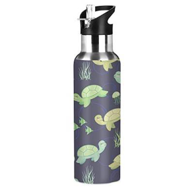 LDIYEU Grüne Cartoon Meeresschildkröte Wasserflasche Edelstahl Wasser Flasche Isolierte Isolier Auslaufsicher Wasserkanne Water Bottle(600 ml) von LDIYEU