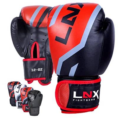 LNX Boxhandschuhe Level 5" - 8 10 12 14 16 Oz - perfekt für Kickboxen Boxen Muay Thai K1 MMA Kampfsport UVM Black/red (001) 14 Oz von LNX
