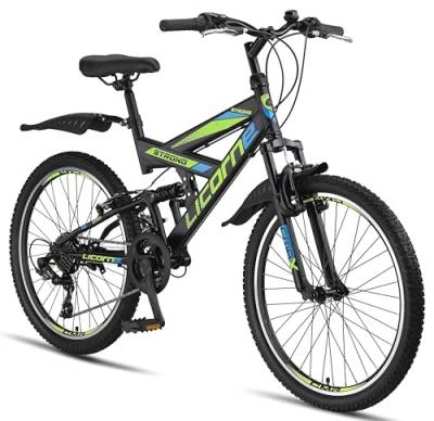 Licorne Bike Strong V Premium Mountainbike in 24 Zoll - Fahrrad für Jungen, Mädchen, Damen und Herren - 21 Gang-Schaltung - Vollfederung - Schwarz/Blau/Lime von Licorne Bike